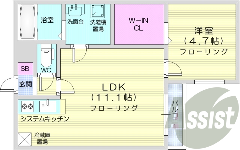 1LDK、エアコン、都市ガス、システムキッチン