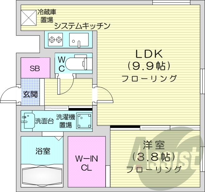 1LDK、システムキッチン、エアコン、浴室乾燥機