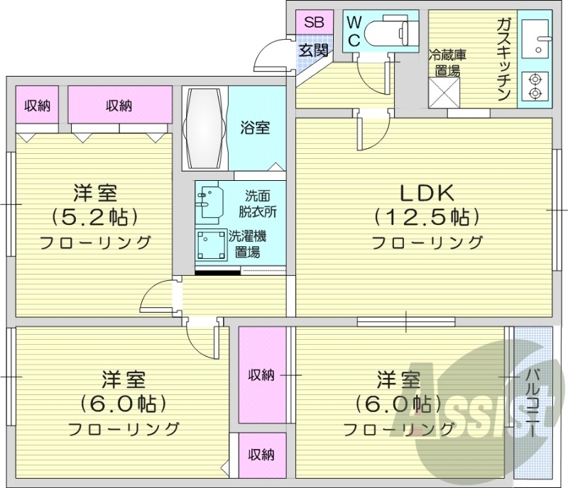 3LDK、角部屋、ＴＶインターホン、灯油暖房、