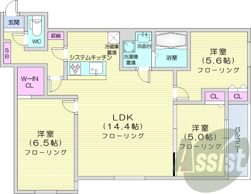 3LDK、エアコン、都市ガス、システムキッチン