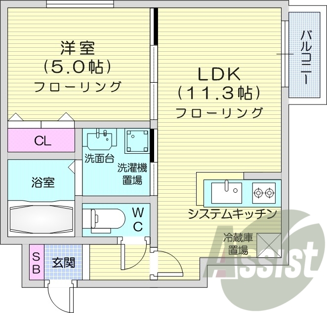 1LDK、都市ガス、エアコン、システムキッチン