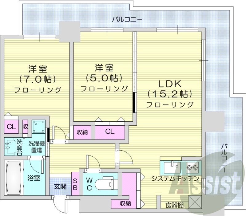 2LDK、システムキッチン、エアコン、24時間換気システム