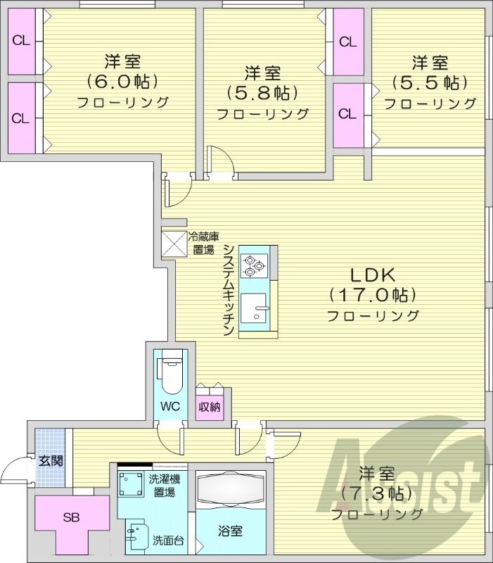 4LDK、追い焚き、浴室乾燥機、オートロック