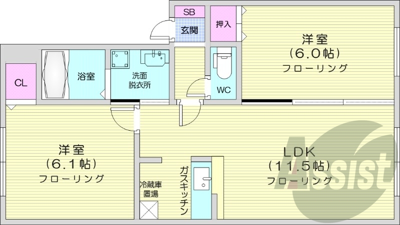2LDK、カウンターキッチン、灯油暖房、インターホン