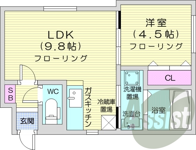 1LDK、都市ガス、エアコン、独立洗面台、浴室乾燥機、