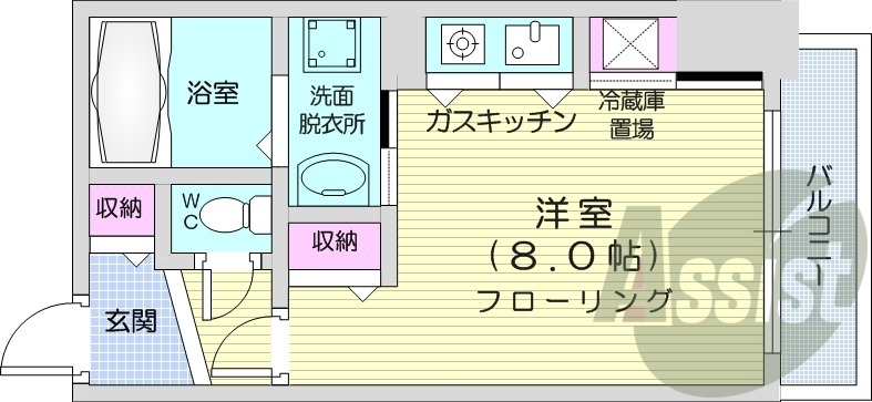 1R、独立洗面台、モニタ付インターホン、バルコニー