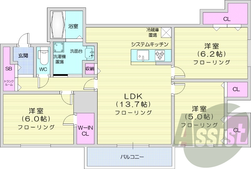 3LDK、追い焚き、エアコン、浴室乾燥機、システムキッチン