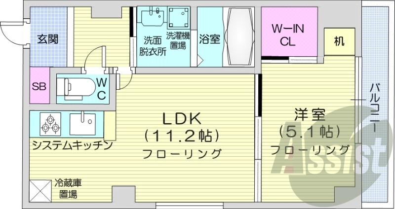 1LDK、ウォークインクローゼット、洗面脱衣所