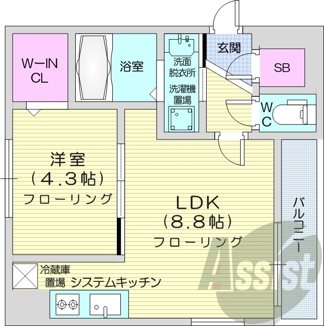 1LDK、オートロック、エアコン、システムキッチン