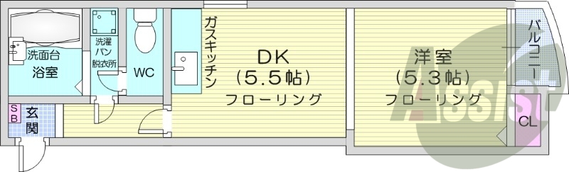 1DK、ガスFF暖房、バルコニー、室内洗濯機置場