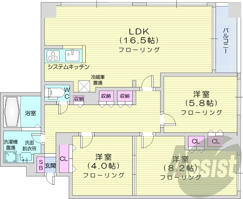3LDK、クローゼット、システムキッチン、ウォシュレット