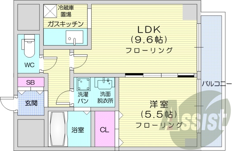 1LDK、独立洗面台、クローゼット、バルコニー