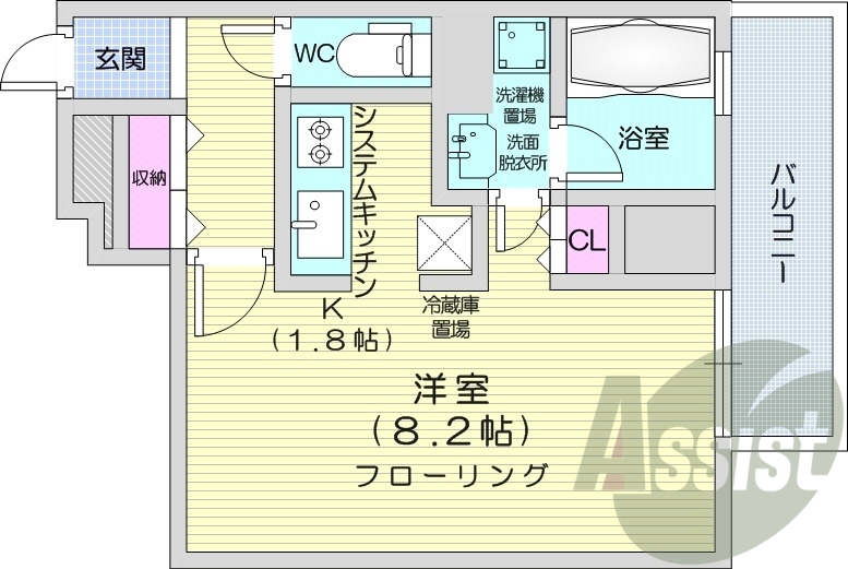 1K、クローゼット、システムキッチン、ウォシュレット