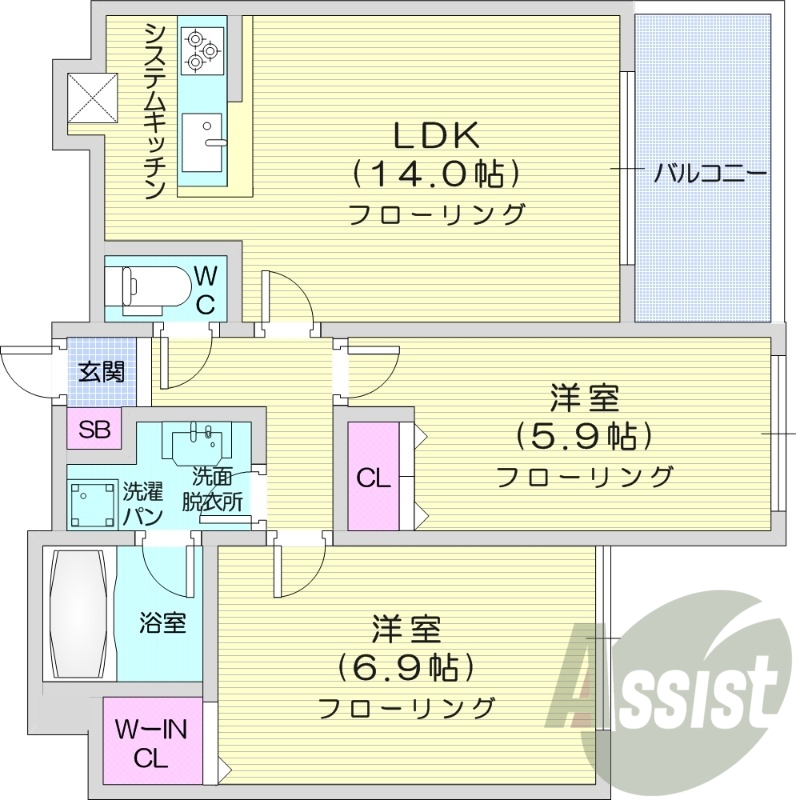2LDK、クローゼット、システムキッチン、ウォシュレット