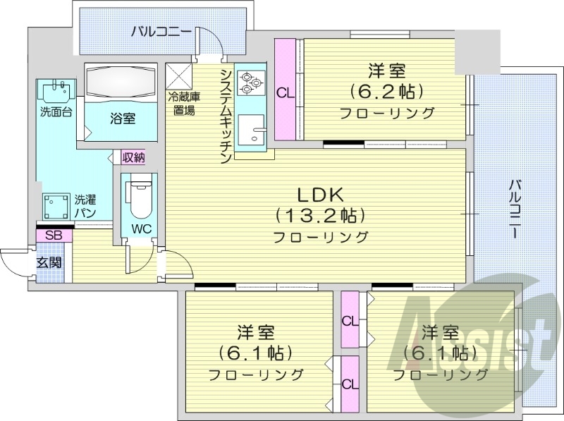 3LDK、システムキッチン、バルコニー、追い焚き、都市ガス