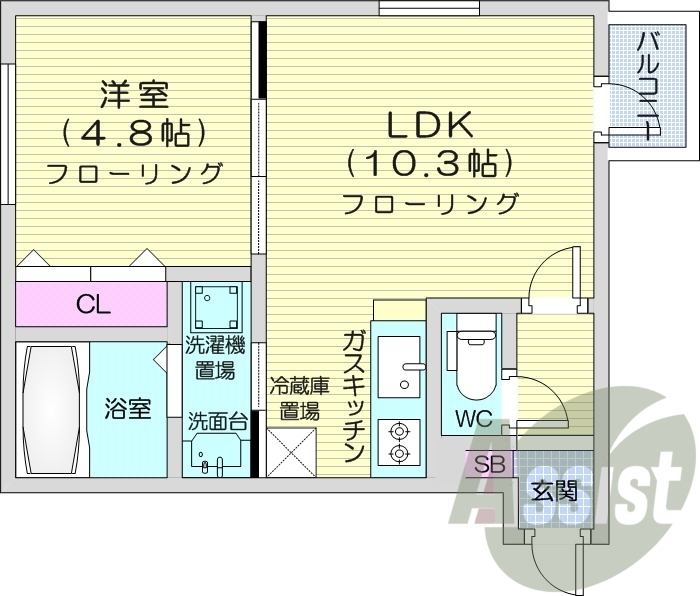 1LDK、エアコン、浴室乾燥機、シャワートイレ、都市ガス