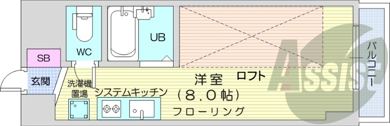 1R、都市ガス、エアコン、シャワートイレ、システムキッチン