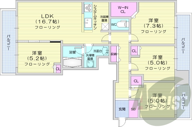 4LDK、都市ガス、分譲、追い焚き、独立洗面台、温水洗浄便座