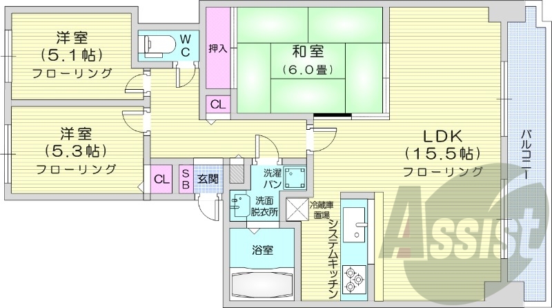 3LDK、クローゼット、洗面脱衣所、システムキッチン