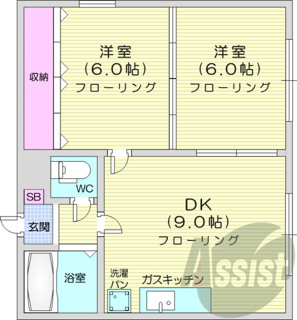 2DK、ウォシュレット、シューズボックス、灯油FF暖房。