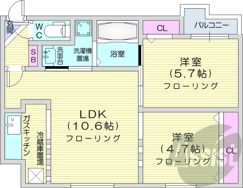 2LDK、角部屋、オートロック、エアコン、灯油FF暖房