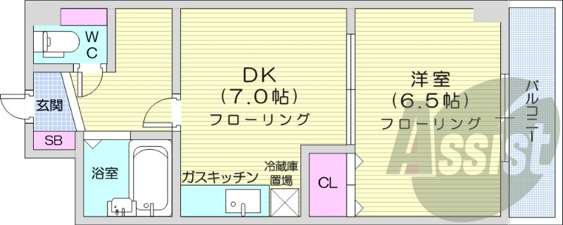 1DK、都市ガス、シャワートイレ、灯油暖房