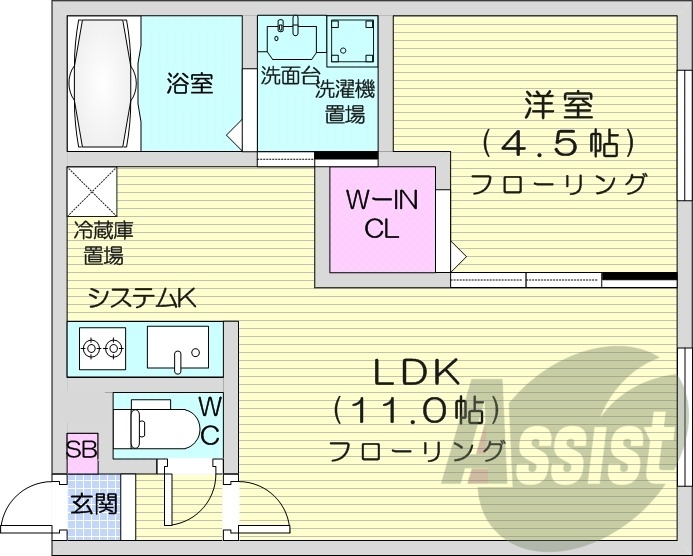 1LDK、システムキッチン、都市ガス、エアコン