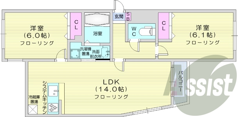 2LDK、都市ガス、システムキッチン、1坪バス