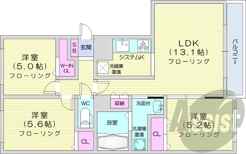 3LDK、都市ガス、エアコン、ガス暖房、ネット無料