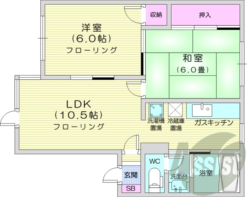 2LDK、バス・トイレ別、灯油暖房、温水洗浄便座