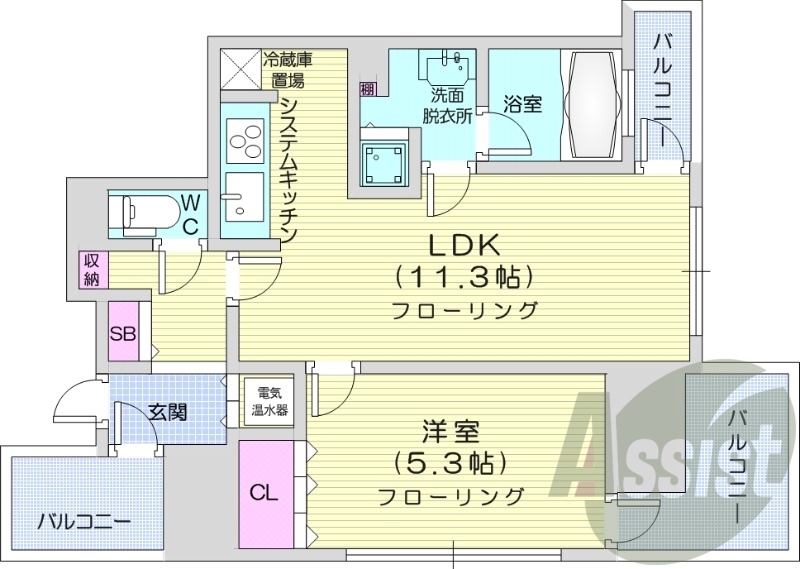 1LDK、収納、洗濯機置場、オール電化、バストイレ別
