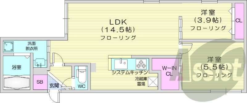 2LDK、エアコン、追い焚き、独立洗面台、システムキッチン