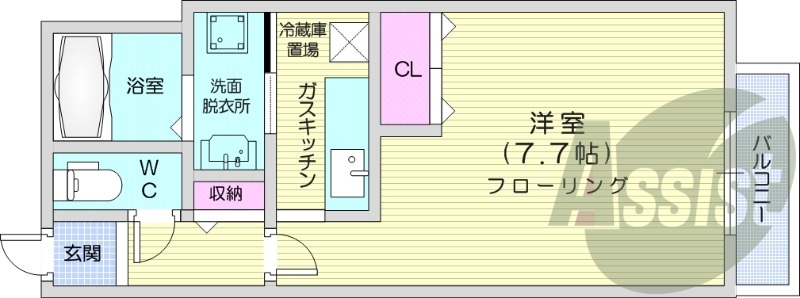1K、オートロック、灯油暖房、カウンターキッチン