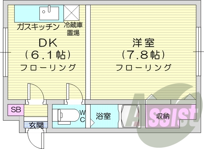 1DK、シャワートイレ、バス・トイレ別、ガスキッチン