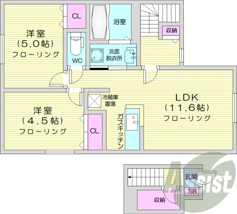 2LDK、対面キッチン、モニター付きインターホン