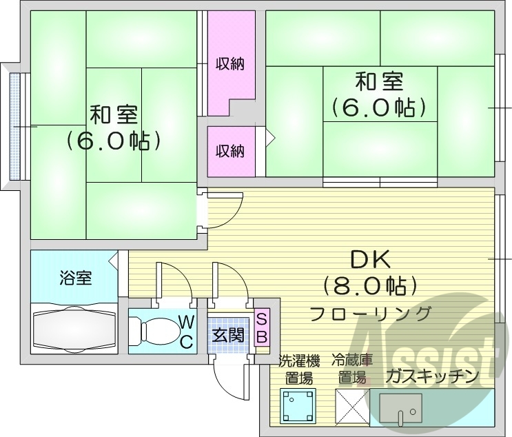 ２DK、バス・トイレ別、トランクルーム、和室