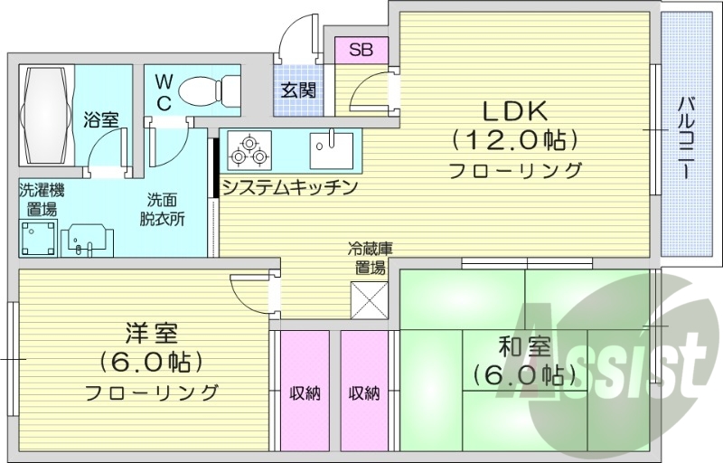 2LDK、独立洗面台、灯油FF暖房、システムキッチン
