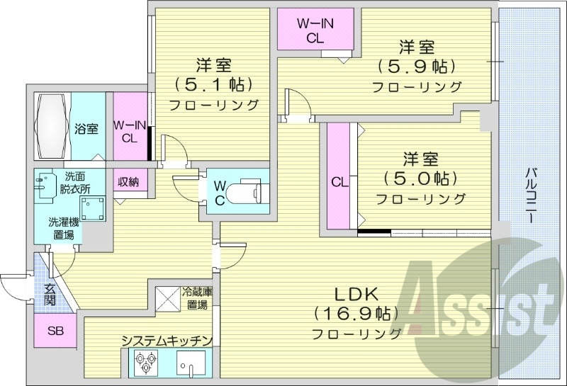 3LDK、角部屋、都市ガス、エアコン、追い炊き