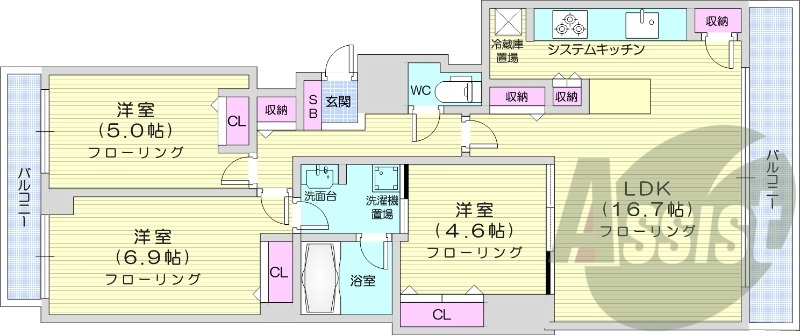 3LDK、都市ガス、システムキッチン