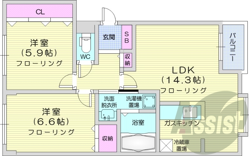 2LDK、シャンドレ、トランクルーム、バストイレ別