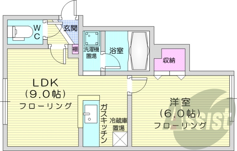 1LDK、インターネット無料、カウンターキッチン
