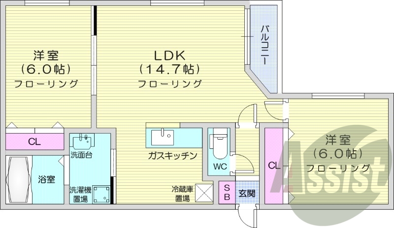 2LDK、都市ガス、エアコン、ネット無料
