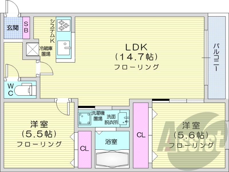 2LDK、オートロック、エアコン、システムキッチン