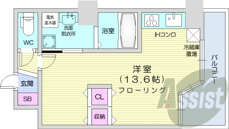 1R、宅配ボックス、オール電化、IHシステムキッチン