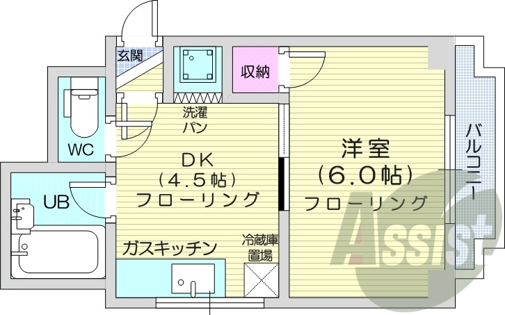 1DK、都市ガス、角部屋、バルコニー、シャワートイレ