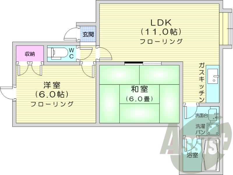 2LDK、独立洗面台、バストイレ別、室内洗濯機置場