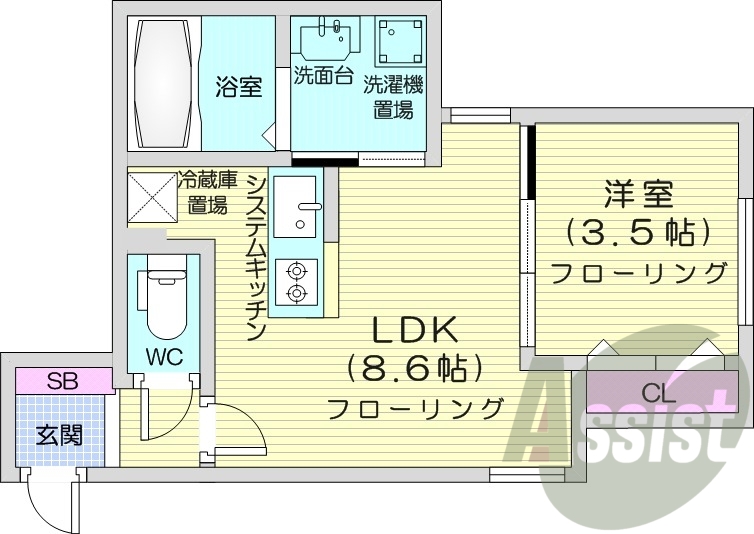 1LDK、エアコン、ネット無料、システムキッチン