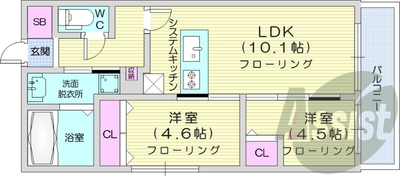 2LDK、都市ガス、エアコン、システムキッチン、ネット無料