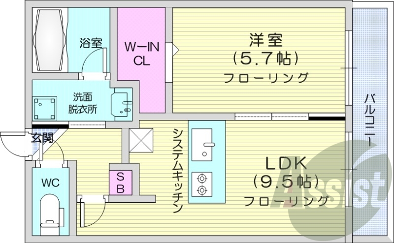 1LDK、都市ガス、エアコン、システムキッチン、ネット無料