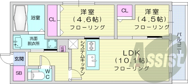 2LDK、都市ガス、エアコン、システムキッチン、ネット無料